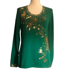 Vintage BEREK Sz L Women's Green & Gold Deer Poinsettia Christmas/Xmas Sweater